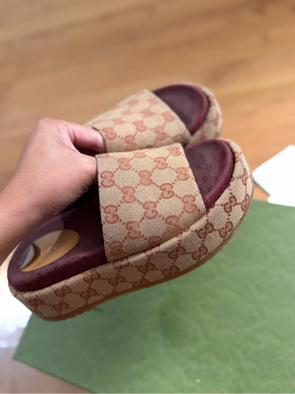 Gucci Beige and Burgundy GG Canvas Platform Slide Sandals